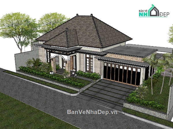 biệt thự 1 tầng,su biệt thự,sketchup biệt thự 1 tầng