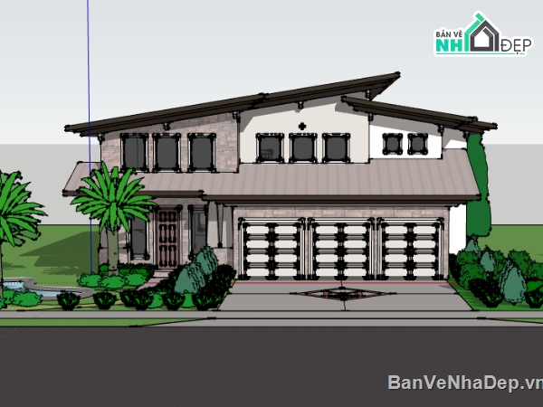 biệt thự 2 tầng mái lệch file su,dựng model su biệt thự 2 tầng,file sketchup biệt thự 2 tầng