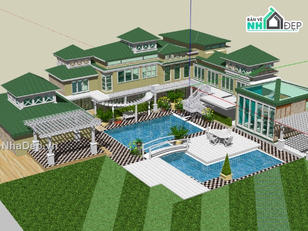 biệt thự nghỉ dưỡng dựng model su,file 3d su nhà biệt thự 2 tầng,sketchup dựng nhà biệt thự