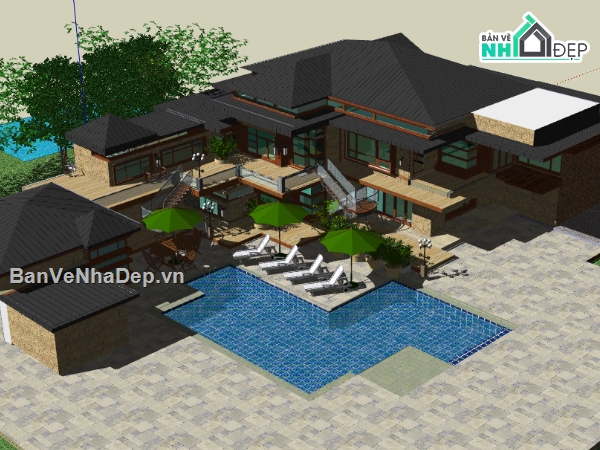 file sketchup biệt thự 2 tầng,dựng 3d su biệt thự mái nhật,biệt thự nghỉ dưỡng file sketchup