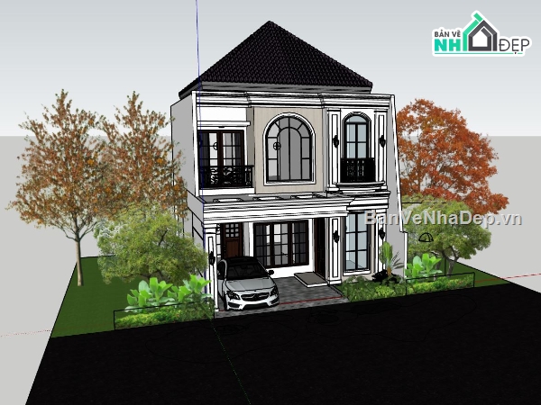 biệt thự 2 tầng,biệt thự sketchup,mẫu biệt thự sketchup