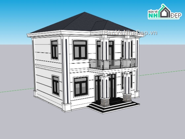 biệt thự sketchup,File sketchup biệt thự 2 tầng,phối cảnh biệt thự 2 tầng