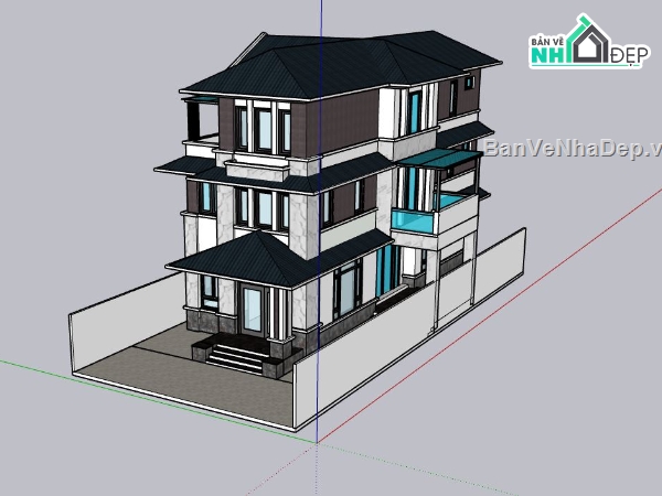 biệt thự 3 tầng,sketchup biệt thự 3 tầng,ngoại thất biệt thự