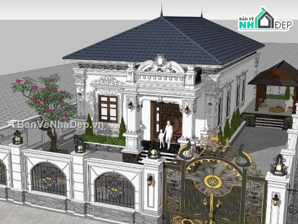 biệt thự 1 tầng,biệt thự sketchup,biệt thự tân cổ điển