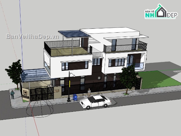 nhà phố 3 tầng,file sketchup nhà phố 3 tầng,model su nhà phố 3 tầng,thiết kế mẫu nhà phố đẹp