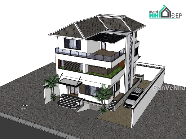 biệt thự 3 tầng,su biệt thự,sketchup biệt thự