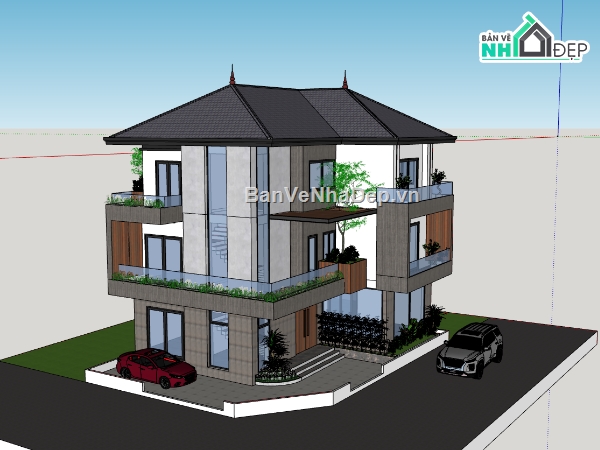 biệt thự 3 tầng,su biệt thự,sketchup biệt thự