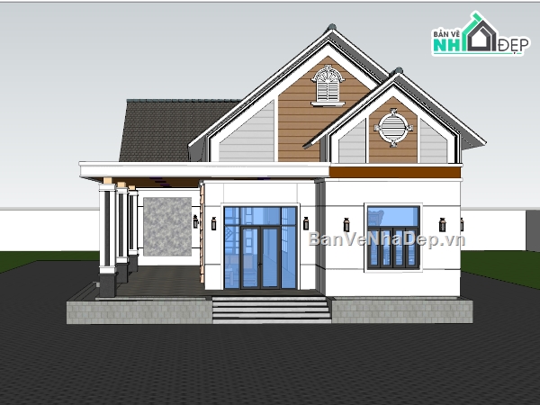 nhà 1 tầng,sketchup nhà 1 tầng,nhà 1 tầng mái thái