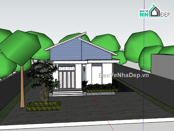 sketchup nhà cấp 4,file sketchup nhà cấp 4,thiết kế nhà cấp 4 nông thôn,phối cảnh nhà cấp 4 sketchup