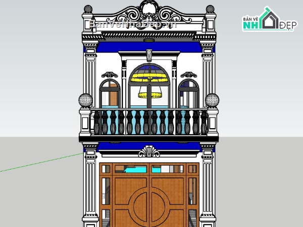 nhà phố sketchup,sketchup nhà phố 2 tầng,File nhà phố tần cổ điển,phối cảnh nhà phố 2 tầng