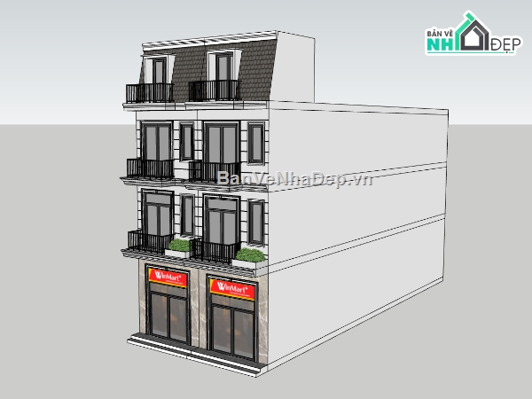 nhà phố 3 tầng,su nhà phố,sketchup nhà phố