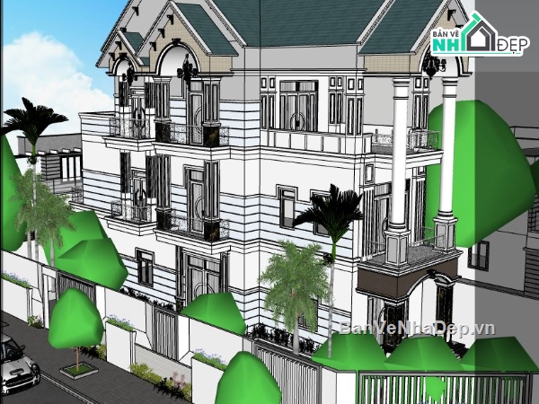 nhà phố 3 tầng,nhà phố mái thái,sketchup nhà phố mái thái,nhà 3 tầng