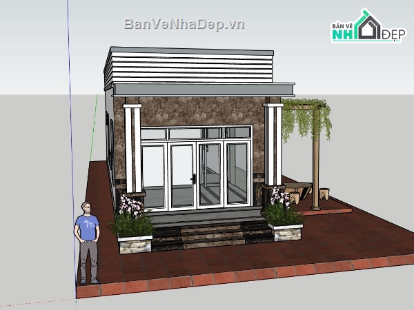 nhà phố sketchup,model sketchup nhà phố 1 tầng,file sketchup nhà phố 1 tầng