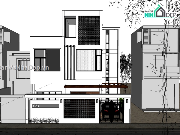 nhà phố 3 tầng,su nhà phố,sketchup nhà phố