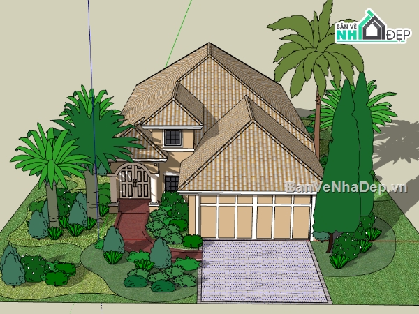 biệt thự 1 tầng file sketchup,file su biệt thự 1 tầng,mẫu dựng biệt thự 1 tầng su
