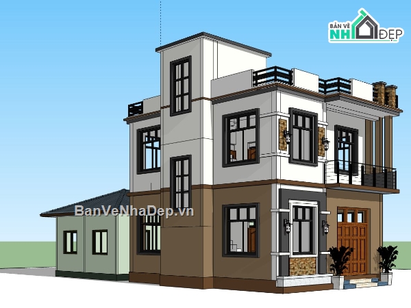 file sketchup nhà ở,biệt thự 2 tầng,bản vẽ nhà đẹp