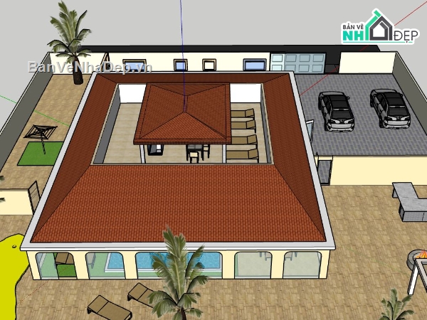 villa sketchup,villa 1 tầng,sketchup villa 1 tầng