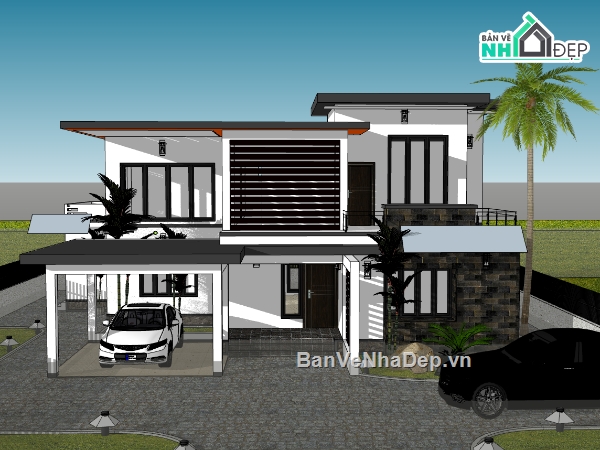 su biệt thự,sketchup biệt thự,biệt thự 2 tầng
