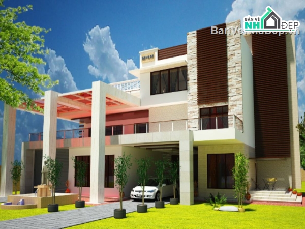 villa 2 tầng,sketchup villa 2 tầng,phối cảnh biệt thự