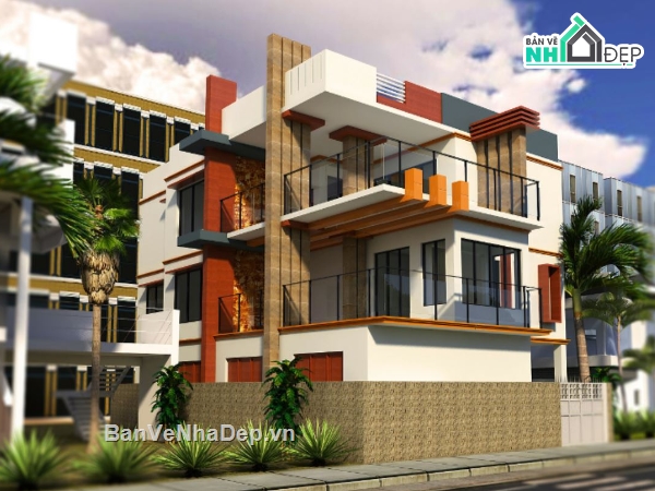 mẫu villa 3 tầng,sketchup villa 3 tầng,biệt thự 3 tầng
