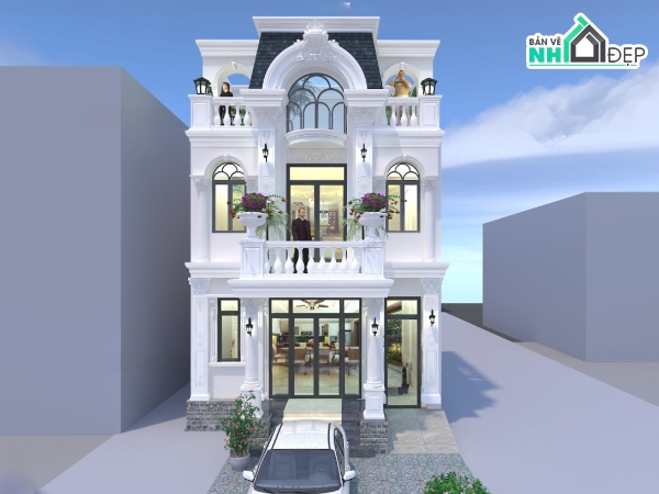 2 tầng 1 tum 7m,tân cổ điển đẹp,tân cổ điển 2 tầng 1 tum,full bản vẽ nhà phố tân cổ điển 7m,bản vẽ nhà phố 7m,bản vẽ thiết kế nhà 2 tầng 1 tum