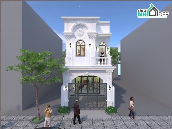 tân cổ điển 2 tầng,nhà phố tân cổ điển,thiết kế nhà phố đẹp đầy đủ,nhà phố 2 tầng 5x17.5