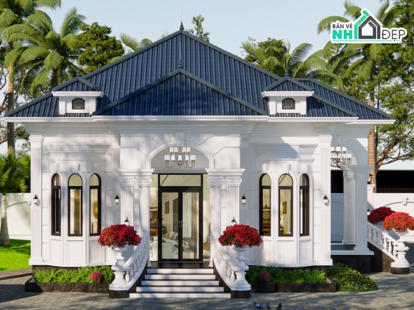 Biệt thự tân cổ điển,kết cấu kiến trúc,Full,thiết kế tân cổ điển,tân cổ điển mái nhật,mái nhật 1 tầng