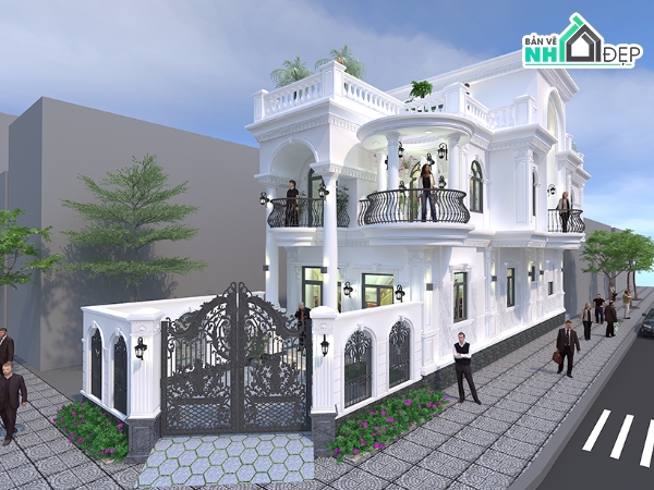 full bản vẽ nhà phố,bản vẽ biệt thự tân cổ điển,kiến trúc 2 tầng 1 tum,biệt thự phố