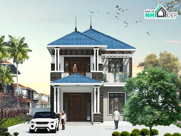 Biệt thự 2 tầng mái nhật,file cad biệt thự 2 tầng,full hồ sơ biệt thự 2 tầng,mẫu biệt thự 2 tầng,biệt thự 2 tầng 8.46x12.42m