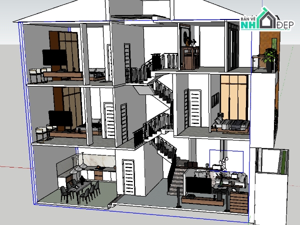 Sketchup nhà phố,nhà phố lệch tầng,thiết kế nhà phố,trọn bộ thi công,lệch tâng