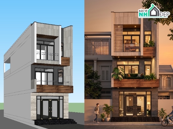 nhà phố 3 tầng,kiến trúc nhà ở gia đình,model sketchup nhà phố 5x16m,bản vẽ kĩ thuật,model sketchup hiện đại