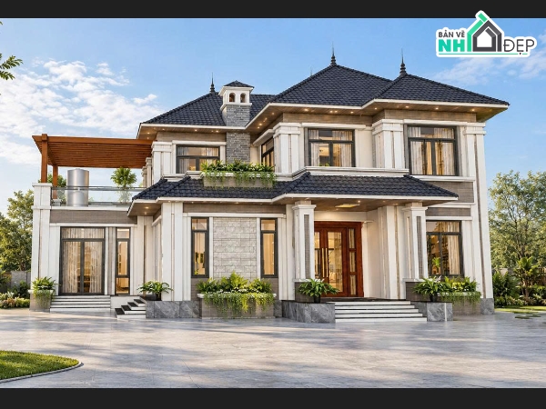 biệt thự mái Nhật,biệt thự 2 tầng,biệt thự 12x20m,bản vẽ biệt thự 12x20,thiết kế biệt thự mái Nhật 2 tầng