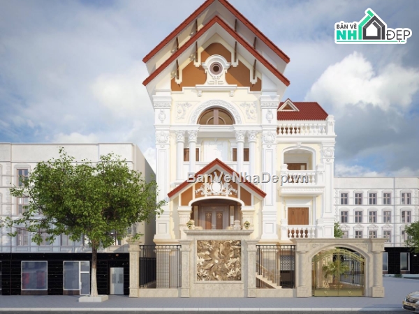 Biệt thự tân cổ điển 3 tầng,Bản vẽ biệt thự tân cổ điển,biệt thự 3 tầng cổ điển Pháp 10x11.5m,nhà 3 tầng 10x11.5m