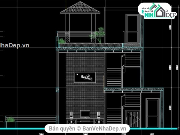 biệt thự 3 tầng,mẫu bản vẽ biệt thự 3 tầng,file cad biệt thự 3 tầng kích thước 10.8x15.2m
