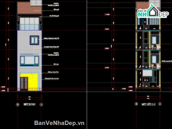 Bản vẽ nhà phố,nhà 4 tầng,nhà phố 4 tầng cad,file cad nhà phố 4 tầng