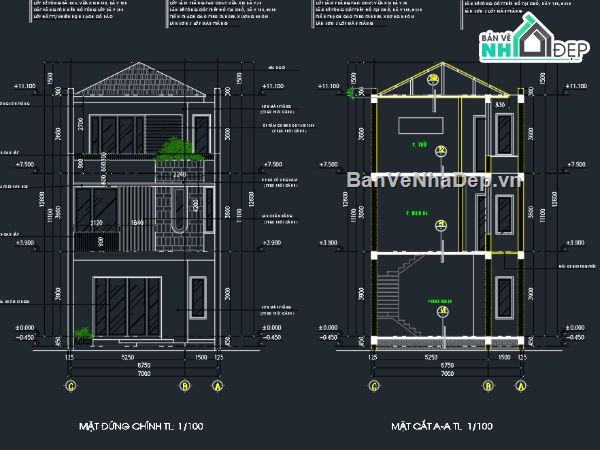 nhà 2 tầng hiện đại,hồ sơ thi công,nhà mái