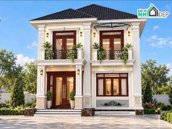 biệt thự 8x12m,bản vẽ biệt thự 8x12,biệt thự tân cổ điển 2 tầng,Bản vẽ biệt thự 2 tầng mái Nhật 8x12m