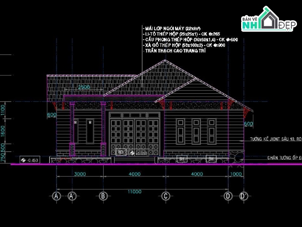 bản vẽ nhà cấp 4 11x13m,nhà cấp 4 11x13,bản vẽ kiến trúc nhà cấp 4,nhà một tầng 11x13m,nhà cấp 4 mặt tiền 11m