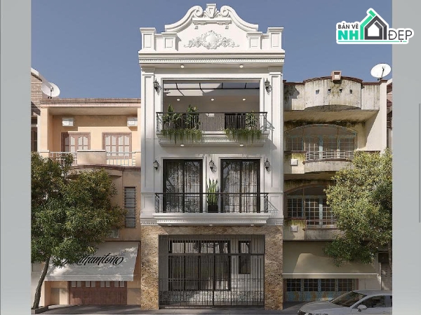 Bản vẽ thiết kế,Nhà phố 3 tầng tân cổ điển,Nhà phố tân cổ điển,Nhà phố 3 tầng,Nhà phố 3 tầng 6.4x14.2m