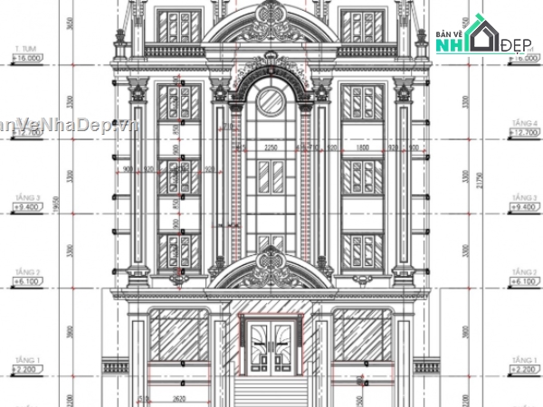 khách sạn tân cổ điển 5 tầng,khách sạn 5 tầng,cad khách sạn 5 tầng