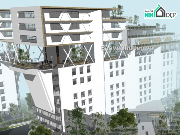 3d su dựng khách sạn hiện đại,khách sạn dựng file sketchup,dựng model su khách sạn cao tầng