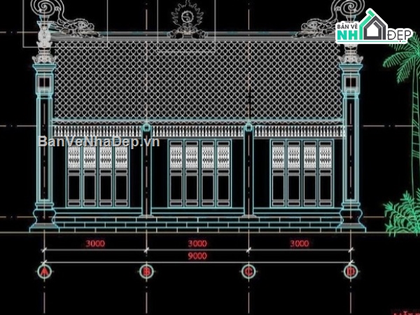 Nhà thờ họ 3 gian,file cad nhà thờ họ,nhà thờ họ 3 gian file cad