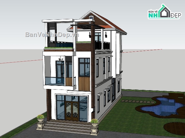ngoại thất nhà phố 3 tầng,file sketchup nhà phố,nhà phố hiện đại,kiến trúc nhà phố