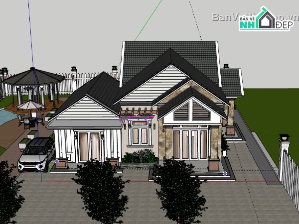 Biệt thự 1 tầng,model su biệt thự 1 tầng,sketchup biệt thự 1 tầng