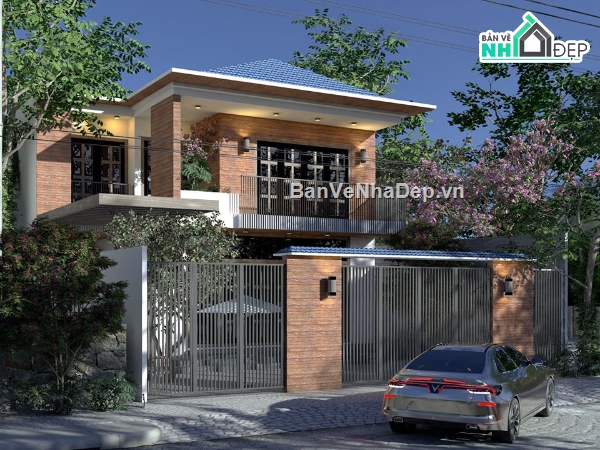 sketchup biệt thự 2 tầng,phối cảnh biệt thự 2 tầng,su biệt thự 2 tầng 12x18m