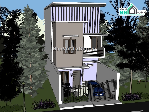 nhà phố 3 tầng,nhà phố 3 tầng sketchup,nhà phố sketchup hiện đại