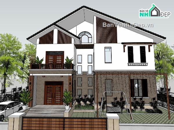 biệt thự 2 tầng,file sketchup biệt thự 2 tầng,phối cảnh biệt thự,biệt thự hiện đại