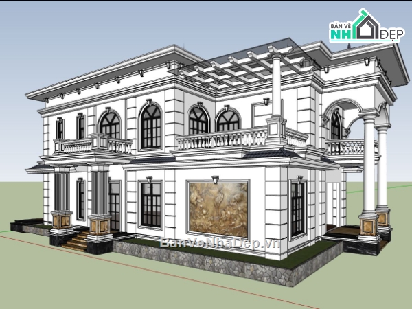biệt thự hiện đại,biệt thự 2 tầng su,mẫu sketchup biệt thự 2 tầng,phối cảnh biệt thự 2 tầng