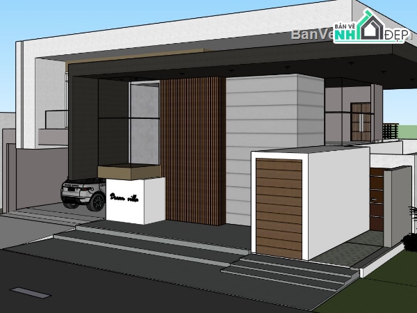 Mẫu villa su,sketchup biệt thự 1 tầng,model biệt thự 1 tầng,phối cảnh biệt thự 1 tầng