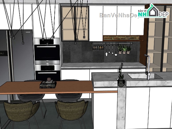phòng bếp sketchup,thiết kế 3d phòng bếp,dựng 3dsu nội thất phòng bếp